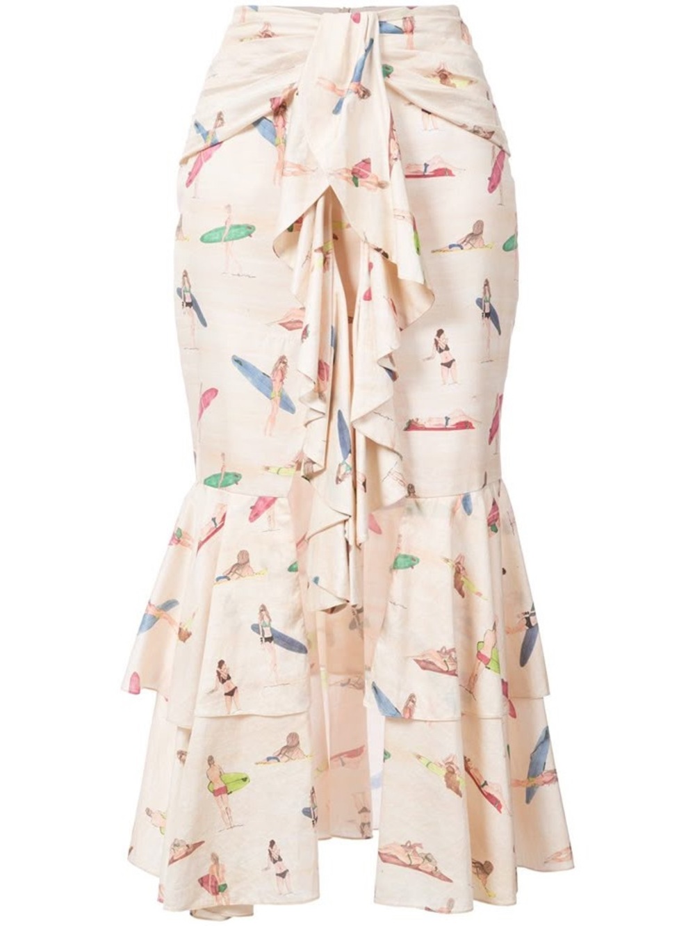 PatBO Cream Printed Ruffle-Front Midi Skirt with Surfer Girl